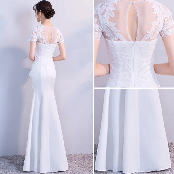 Elegante Weiß Abendkleider 2018 Mermaid Mit Spitze Blumen Pailletten Rundhalsausschnitt Rückenfreies Gespaltete Front Kurze Ärmel Lange Festliche Kleider
