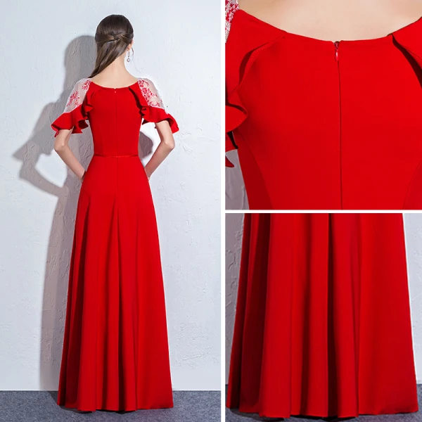 Chic / Beautiful Red Evening Dresses 2018 A-Line / Princess Sash Scoop Neck See-through 1/2 Sleeves Floor-Length / Long Formal Dresses