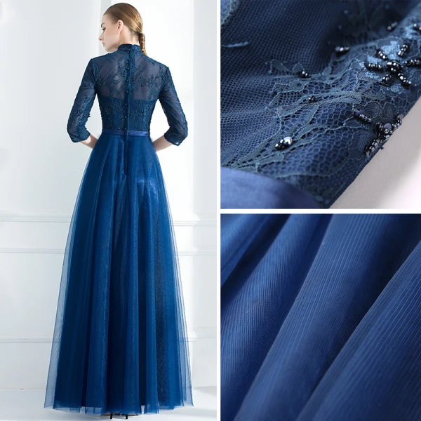 Style Chinois Bleu Marine Robe De Soirée 2018 Princesse Perlage Paillettes Noeud Col Haut 3/4 Manches Longueur Cheville Robe De Ceremonie