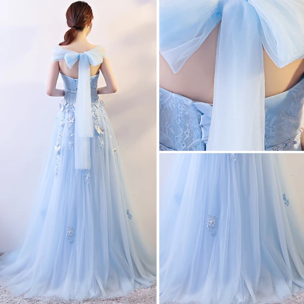Elegante Himmelblau Abendkleider 2018 Empire Schmetterling Applikationen Schleife Stoffgürtel V-Ausschnitt Ärmellos Lange Festliche Kleider