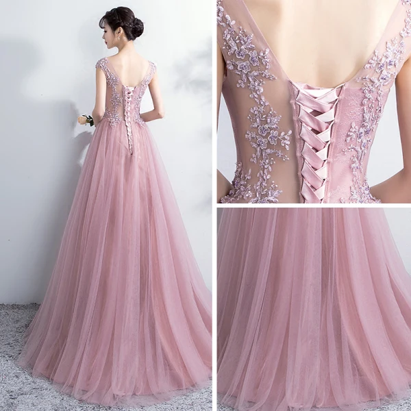 Elegant Prom Dresses 2018 A-Line / Princess Lace Flower Scoop Neck Backless Sleeveless Floor-Length / Long Formal Dresses