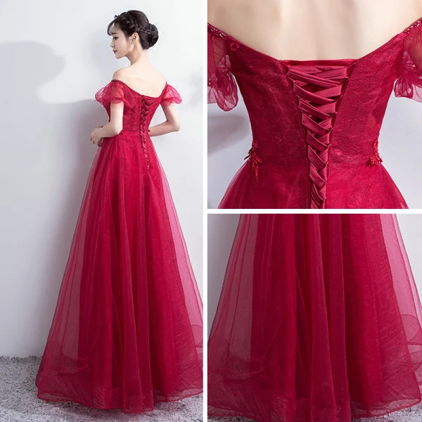 Elegant Burgundy Prom Dresses 2018 Empire Lace Flower Crystal Beading Off-The-Shoulder Backless Sleeveless Floor-Length / Long Formal Dresses