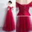 Elegant Burgundy Prom Dresses 2018 Empire Lace Flower Crystal Beading Off-The-Shoulder Backless Sleeveless Floor-Length / Long Formal Dresses