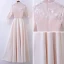 Chic / Beautiful Champagne Prom Dresses 2018 A-Line / Princess Lace Flower High Neck 3/4 Sleeve Floor-Length / Long Formal Dresses