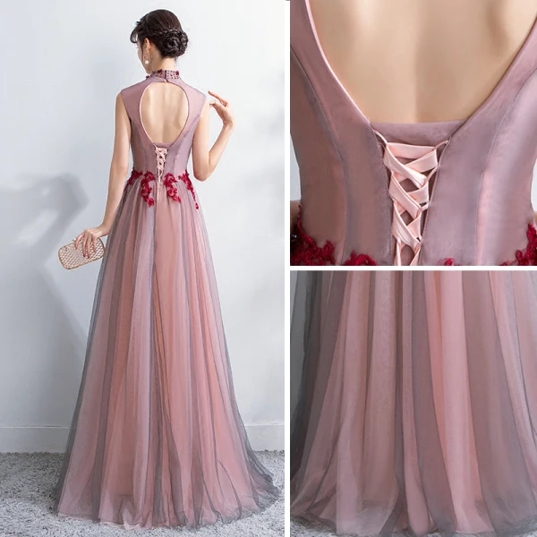 Chinese style Evening Dresses  2018 A-Line / Princess Crystal Lace Flower Appliques High Neck Backless See-through Sleeveless Floor-Length / Long Formal Dresses