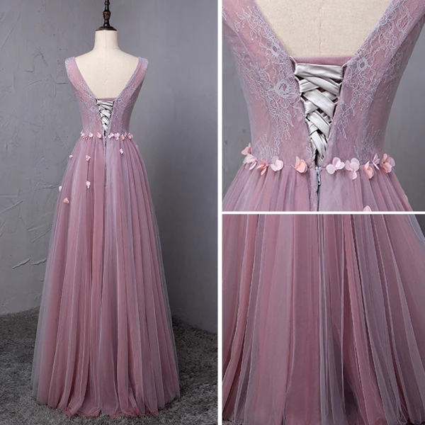 Elegant Blushing Pink Prom Dresses 2018 A-Line / Princess Appliques Crystal Pearl V-Neck Backless Sleeveless Floor-Length / Long Formal Dresses