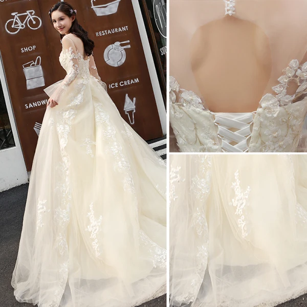 Chic / Beautiful Champagne Wedding Dresses 2018 A-Line / Princess Lace Flower Backless Scoop Neck Long Sleeve Court Train Wedding