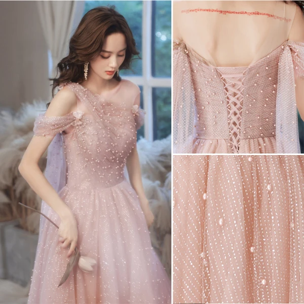 Lovely Pearl Pink Pearl Prom Dresses 2021 A-Line / Princess V-Neck Short Sleeve Backless Floor-Length / Long Formal Dresses