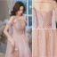 Lovely Pearl Pink Pearl Prom Dresses 2021 A-Line / Princess V-Neck Short Sleeve Backless Floor-Length / Long Formal Dresses