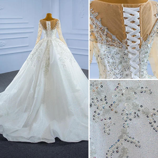 Luxury / Gorgeous Ivory Beading Crystal Wedding Dresses 2021 Ball Gown Glitter Sequins Scoop Neck Long Sleeve Cathedral Train Wedding