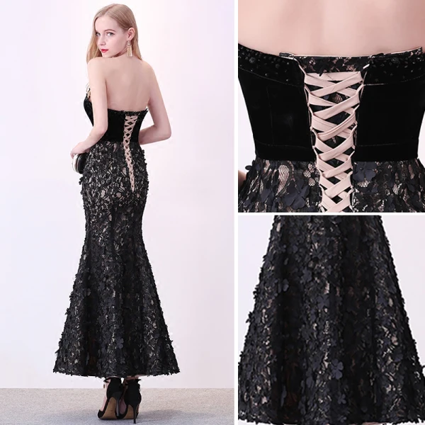 Sexy Noir Robe De Soirée 2018 Trompette / Sirène Daim Appliques Bustier Dos Nu Sans Manches Longueur Cheville Robe De Ceremonie