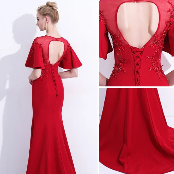 Chic / Beautiful Red Evening Dresses 2018 Trumpet / Mermaid Lace Appliques Beading Scoop Neck Backless Short Sleeve Floor-Length / Long Formal Dresses
