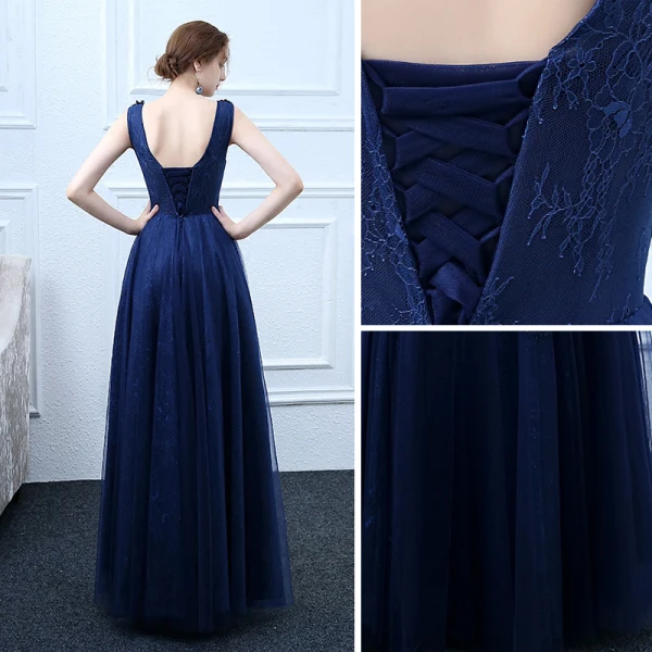Elegant Navy Blue Prom Dresses 2018 A-Line / Princess Lace Flower Sequins Scoop Neck Backless Sleeveless Floor-Length / Long Formal Dresses
