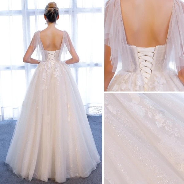 Chic / Beautiful White Wedding Dresses 2018 A-Line / Princess Glitter Tulle Crystal Spaghetti Straps Sleeveless Floor-Length / Long Wedding