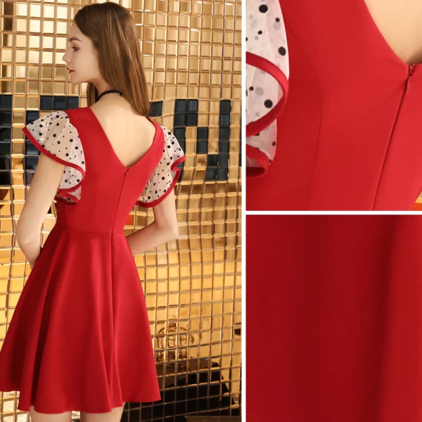 Chic / Beautiful Burgundy Homecoming Graduation Dresses 2019 A-Line / Princess V-Neck Spotted Short Sleeve Backless Short Formal Dresses