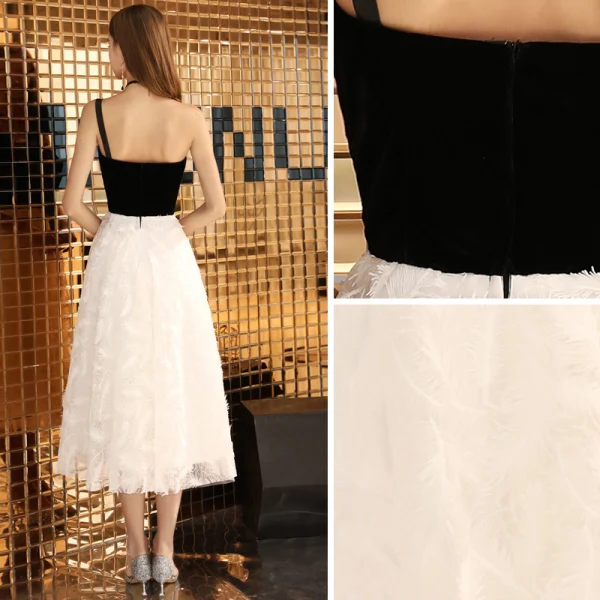 Chic / Belle Noire Robe De Soirée 2019 Princesse Une épaule En Dentelle Daim Sans Manches Dos Nu Thé Longueur Robe De Ceremonie