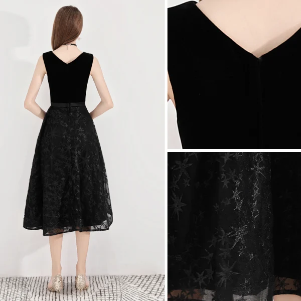 Modern / Fashion Black Homecoming Graduation Dresses 2019 A-Line / Princess V-Neck Lace Star Suede Bow Sleeveless Backless Tea-length Formal Dresses