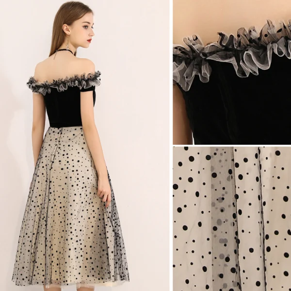 Chic / Beautiful Black Homecoming Graduation Dresses 2019 A-Line / Princess Off-The-Shoulder Suede Appliques Lace Spotted Sleeveless Backless Tea-length Formal Dresses