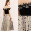 Chic / Beautiful Black Homecoming Graduation Dresses 2019 A-Line / Princess Off-The-Shoulder Suede Appliques Lace Spotted Sleeveless Backless Tea-length Formal Dresses