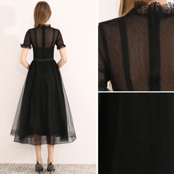 Chic / Beautiful Black Homecoming Graduation Dresses 2019 A-Line / Princess Scoop Neck Short Sleeve Bow Tea-length Formal Dresses