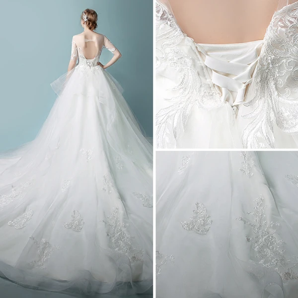 Élégant Ivoire Robe De Mariée 2018 Robe Boule En Dentelle Fleur Volants en Cascade Encolure Dégagée 1/2 Manches Cathedral Train Mariage