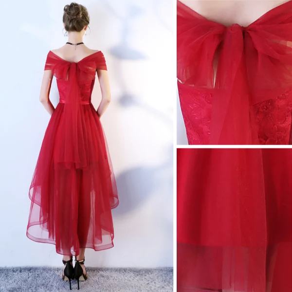 Chic / Beautiful Burgundy Cocktail Dresses 2019 A-Line / Princess Off-The-Shoulder Lace Flower Bow Short Sleeve Asymmetrical Formal Dresses