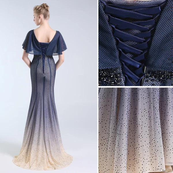 Luxus / Herrlich Marineblau Abendkleider 2019 Meerjungfrau V-Ausschnitt Perlenstickerei Kristall Strass Kurze Ärmel Rückenfreies Sweep / Pinsel Zug Festliche Kleider