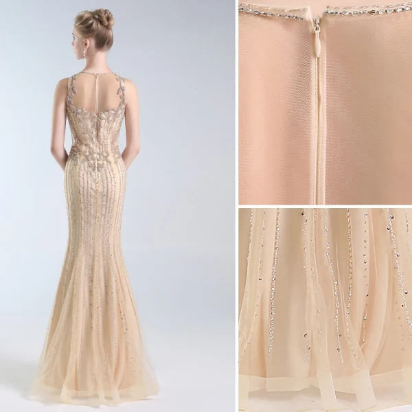 Luxury / Gorgeous Gold Evening Dresses 2019 Trumpet / Mermaid Scoop Neck Handmade Beading Crystal Pearl Sequins Sleeveless Floor-Length / Long Formal Dresses