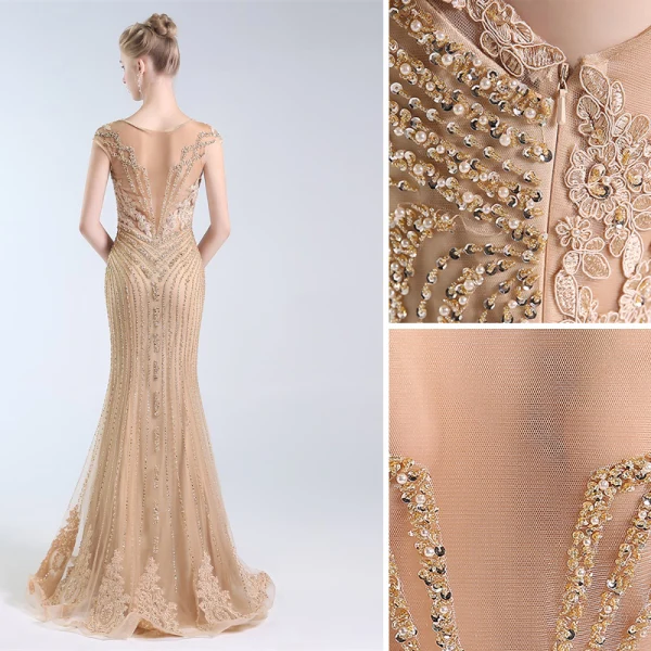 Luxury / Gorgeous Gold Handmade Beading Evening Dresses 2019 Trumpet / Mermaid V-Neck Crystal Lace Flower Sequins Sleeveless Floor-Length / Long Formal Dresses