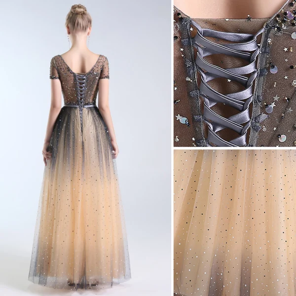Luxury / Gorgeous Champagne Handmade Beading Prom Dresses 2019 A-Line / Princess V-Neck Sequins Star Crystal Short Sleeve Backless Floor-Length / Long Formal Dresses