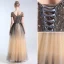 Luxury / Gorgeous Champagne Handmade  Beading Prom Dresses 2019 A-Line / Princess V-Neck Sequins Star Crystal Short Sleeve Backless Floor-Length / Long Formal Dresses