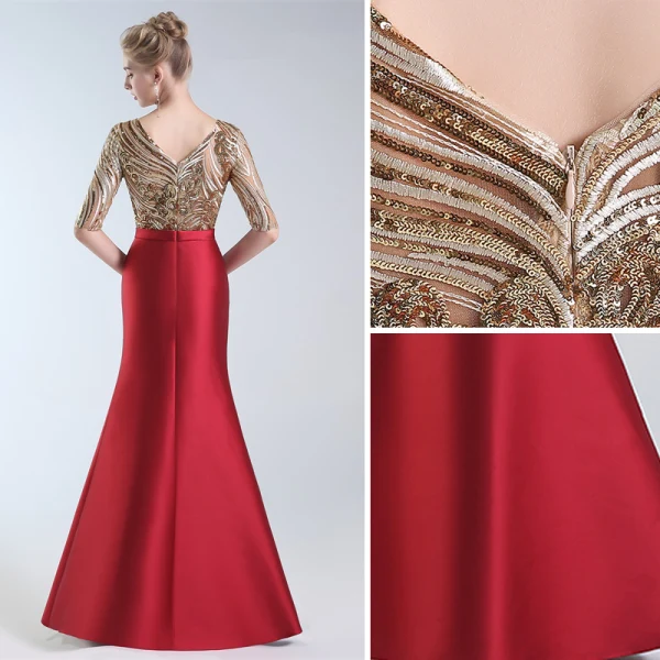 Luxury / Gorgeous Burgundy Evening Dresses 2019 Trumpet / Mermaid V-Neck Lace Sequins 1/2 Sleeves Backless Floor-Length / Long Formal Dresses