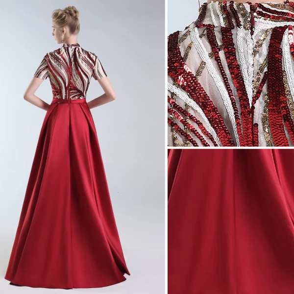 Luxury / Gorgeous Burgundy Evening Dresses  2019 A-Line / Princess High Neck Lace Sequins Short Sleeve Floor-Length / Long Formal Dresses