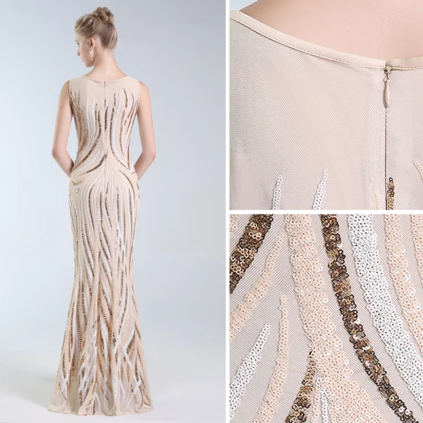 Chic / Beautiful Champagne Evening Dresses 2019 A-Line / Princess Scoop Neck Sequins Sleeveless Floor-Length / Long Formal Dresses
