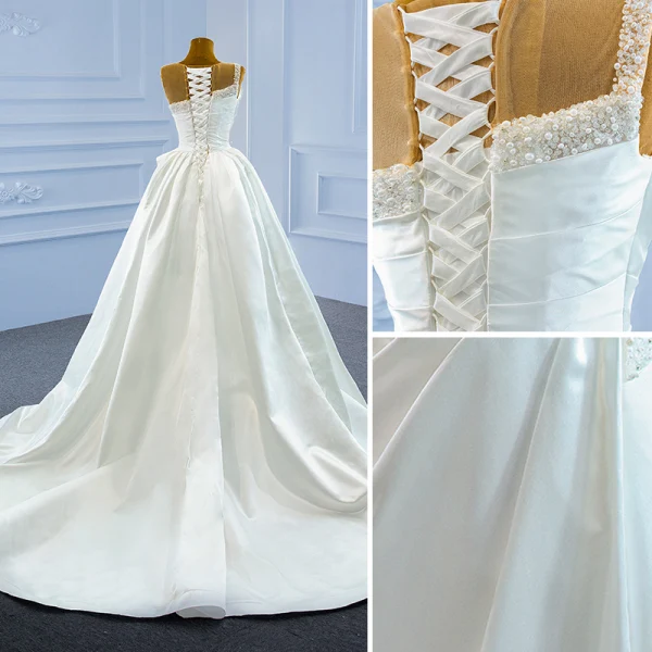 Hohes Niedriges Elegante Ivory / Creme Satin Perle Brautkleider / Hochzeitskleider 2021 A Linie Rundhalsausschnitt Perlenstickerei Pailletten Ärmellos Rückenfreies Hof-Schleppe Hochzeit