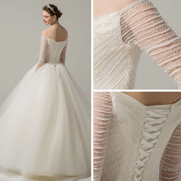 Chic / Beautiful Champagne Wedding Dresses 2018 A-Line / Princess Beading Off-The-Shoulder Backless 3/4 Sleeve Floor-Length / Long Wedding