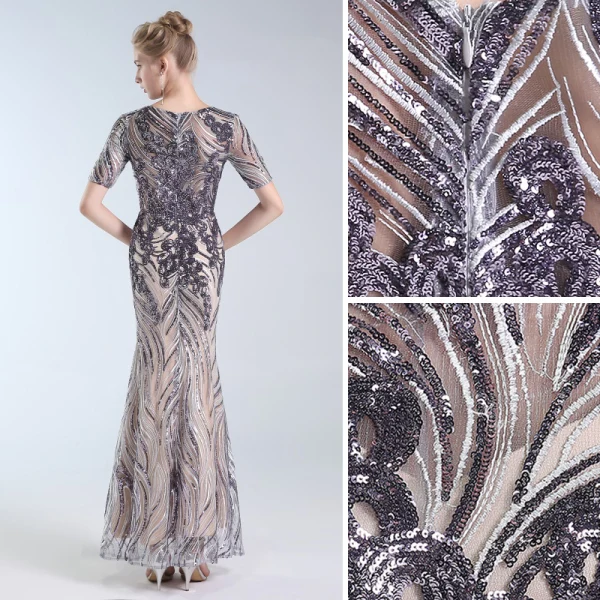 Charming Grey Evening Dresses  2019 A-Line / Princess Scoop Neck Lace Sequins Short Sleeve Floor-Length / Long Formal Dresses