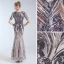 Charming Grey Evening Dresses  2019 A-Line / Princess Scoop Neck Lace Sequins Short Sleeve Floor-Length / Long Formal Dresses
