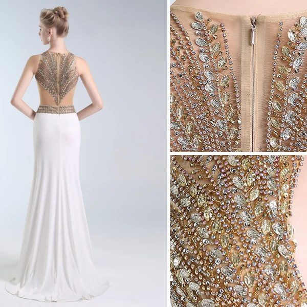 Luxury / Gorgeous Ivory Handmade  Beading Evening Dresses  2019 Trumpet / Mermaid Scoop Neck Crystal Rhinestone Sleeveless Split Front Sweep Train Formal Dresses