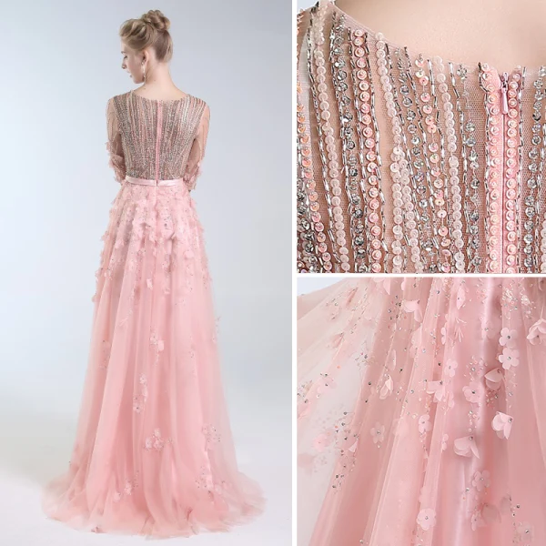 Luxe Rougissant Rose Fait main Perlage Robe De Soirée 2019 Princesse V-Cou Appliques Cristal Paillettes Noeud 1/2 Manches Longue Robe De Ceremonie