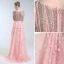 Luxe Rougissant Rose Fait main Perlage Robe De Soirée 2019 Princesse V-Cou Appliques Cristal Paillettes Noeud 1/2 Manches Longue Robe De Ceremonie