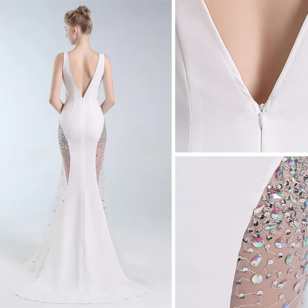 Sexy Ivoire Transparentes Robe De Soirée 2019 Trompette / Sirène V-Cou Paillettes Faux Diamant Sans Manches Dos Nu Train De Balayage Robe De Ceremonie