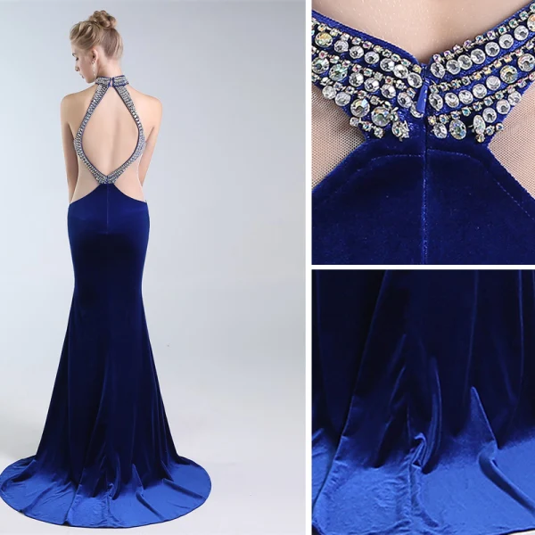 Luxe Bleu Marine Robe De Soirée 2019 Trompette / Sirène Titulaire Faux Diamant Daim Sans Manches Dos Nu Train De Balayage Robe De Ceremonie