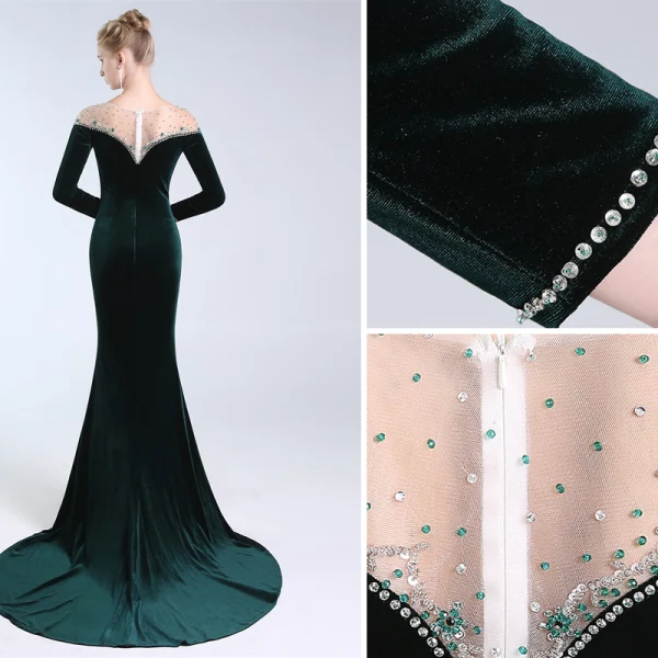 Elegant Dark Green Evening Dresses 2019 A-Line / Princess Scoop Neck Suede Crystal Sequins Long Sleeve Sweep Train Formal Dresses