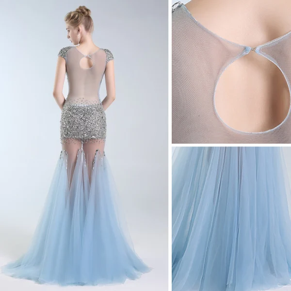 Sexy Bleu Ciel Transparentes Robe De Soirée 2019 Trompette / Sirène Encolure Dégagée Perlage Paillettes Mancherons Longue Robe De Ceremonie