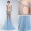 Sexy Bleu Ciel Transparentes Robe De Soirée 2019 Trompette / Sirène Encolure Dégagée Perlage Paillettes Mancherons Longue Robe De Ceremonie