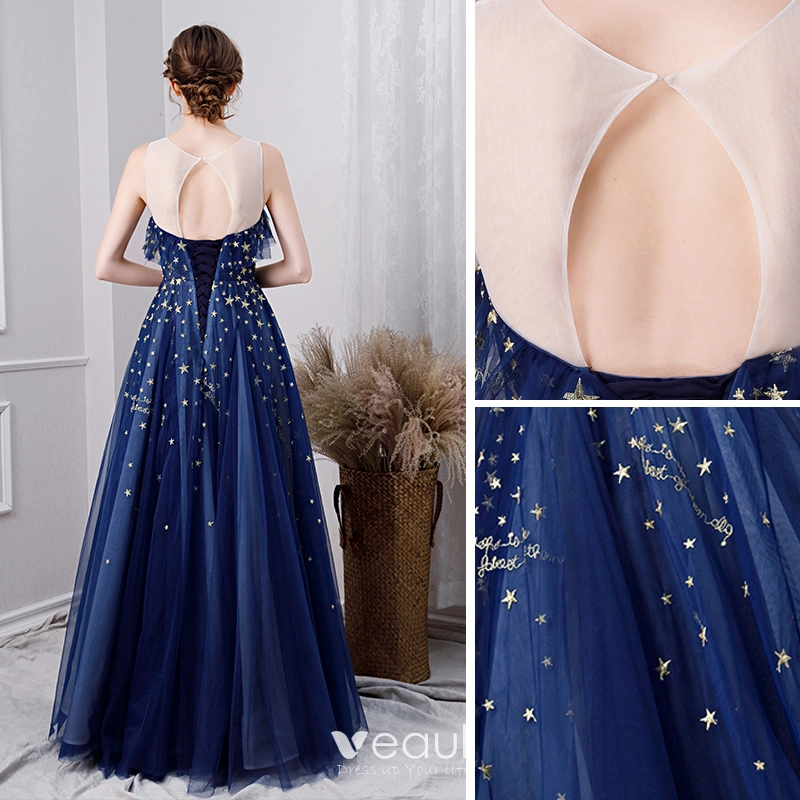 Gold Stars Blue Prom Dress