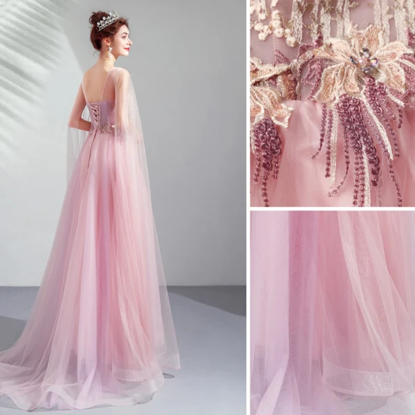 Élégant Rose Bonbon Robe De Ceremonie 2019 Princesse Encolure Dégagée En Dentelle Fleur Cristal Manches Courtes Dos Nu Longue Robe De Bal