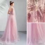 Élégant Rose Bonbon Robe De Ceremonie 2019 Princesse Encolure Dégagée En Dentelle Fleur Cristal Manches Courtes Dos Nu Longue Robe De Bal