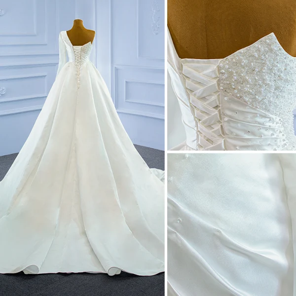 High End Elegante Ivory / Creme Satin Brautkleider / Hochzeitskleider 2021 A Linie One-Shoulder Perlenstickerei Perle Pailletten Lange Ärmel Rückenfreies Kathedrale Schleppe Hochzeit